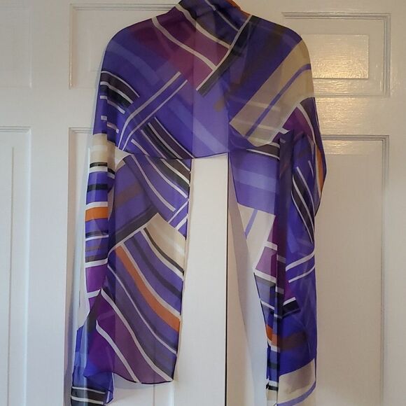 ANNE KLEIN SILK GEOMETRIC GRAPHIC SCARF WRAP PURPLE BLACK WHITE TAN ORANGE - Picture 6 of 11